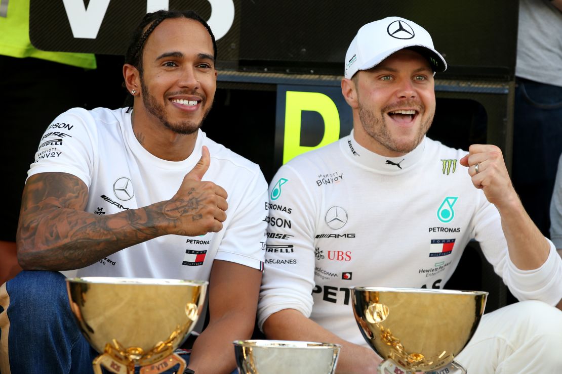 Teammates Lewis Hamilton and Bottas celebrate after the Russian Grand Prix. 