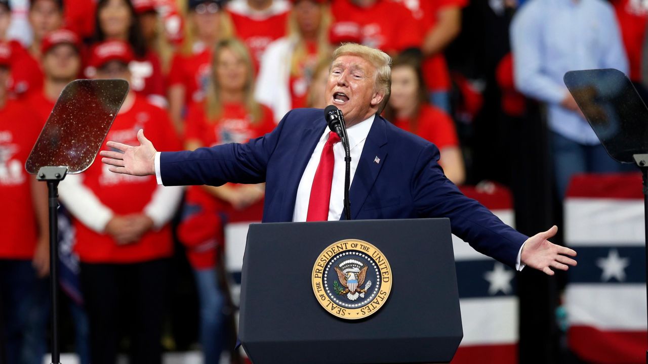 President Donald Trump addresses a campaign rally Thursday, October 10, 2019, in Minneapolis.