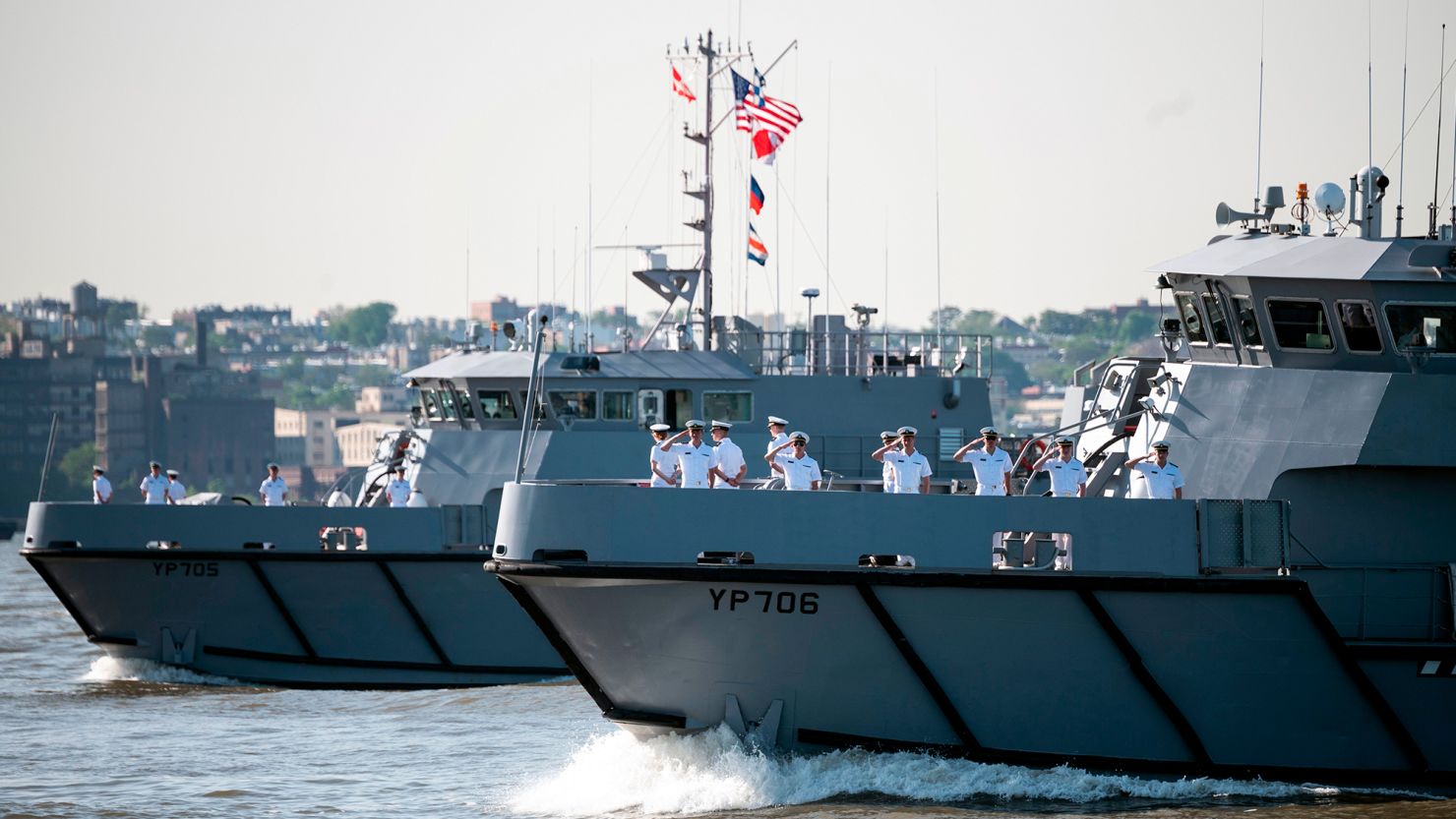 Two US Navy training vessels take part in the parade for Fleet Week 2019, on May 22, 2019 in New York.