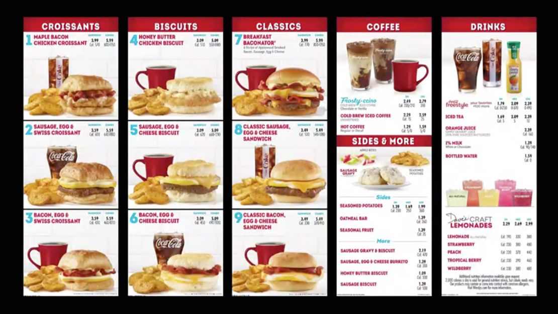 The full Wendy's breakfast menu.