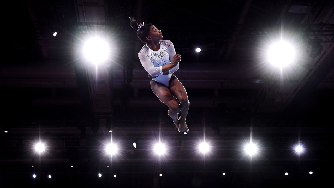 Biles flies high on the floor exercise at the 2019 world championships. 