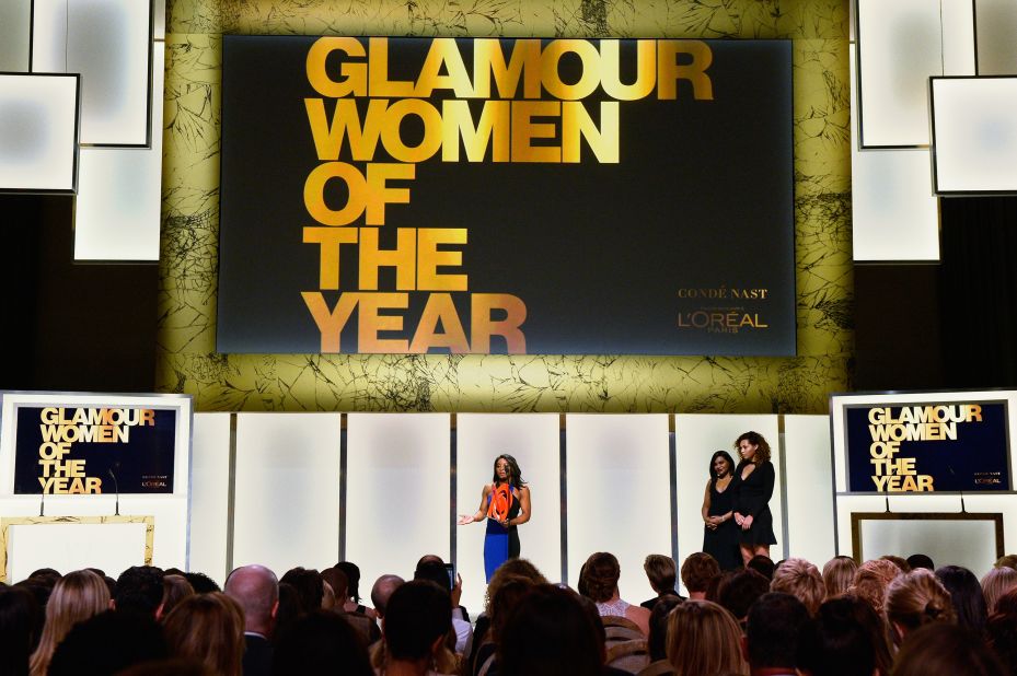 Biles speaks onstage during Glamour's Women of the Year event in 2016.