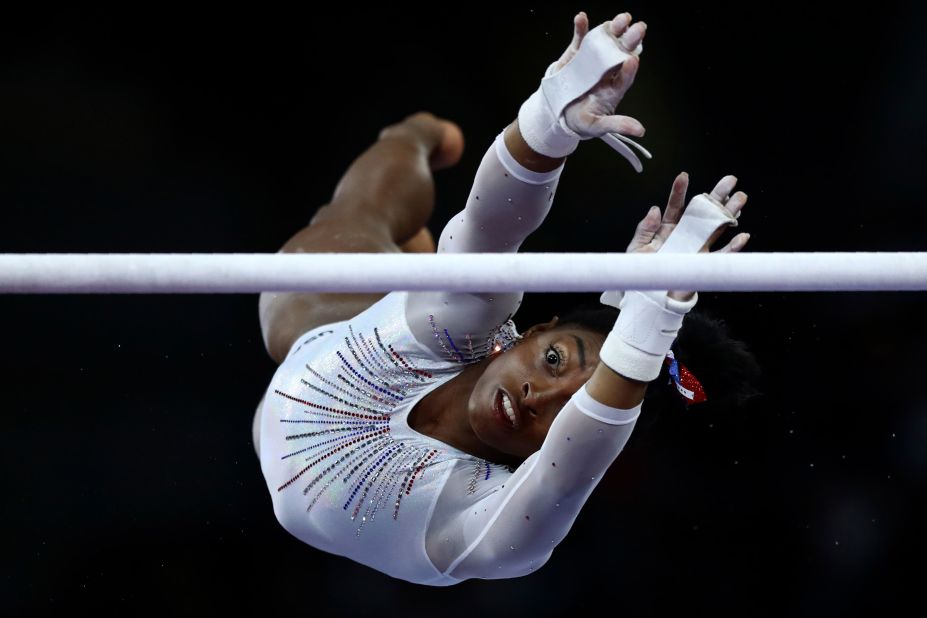 Biles performs on the uneven bars at the 2019 World Championships.