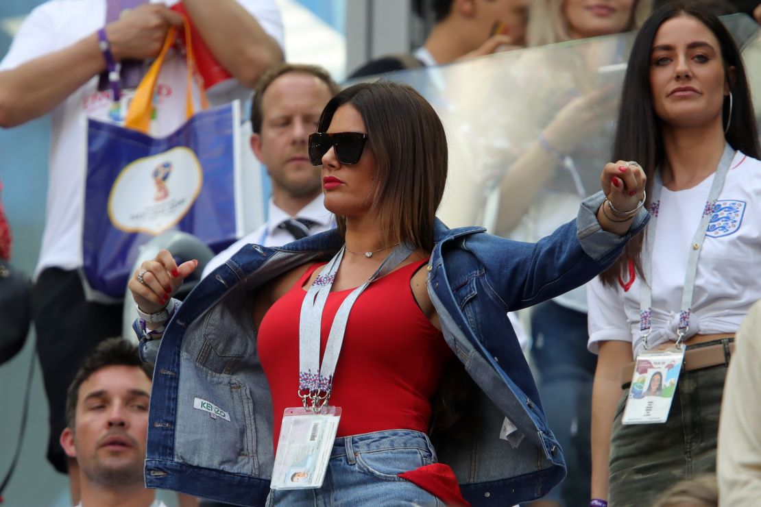 Rebekah Vardy watches as Jamie's England team plays during the 2018 FIFA World Cup.