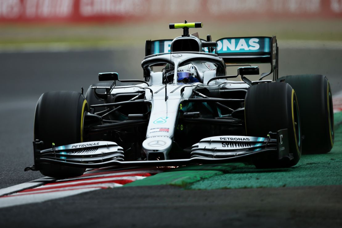 Bottas driving the Mercedes F1 Car on track during practice ahead of the Japanese Grand Prix.