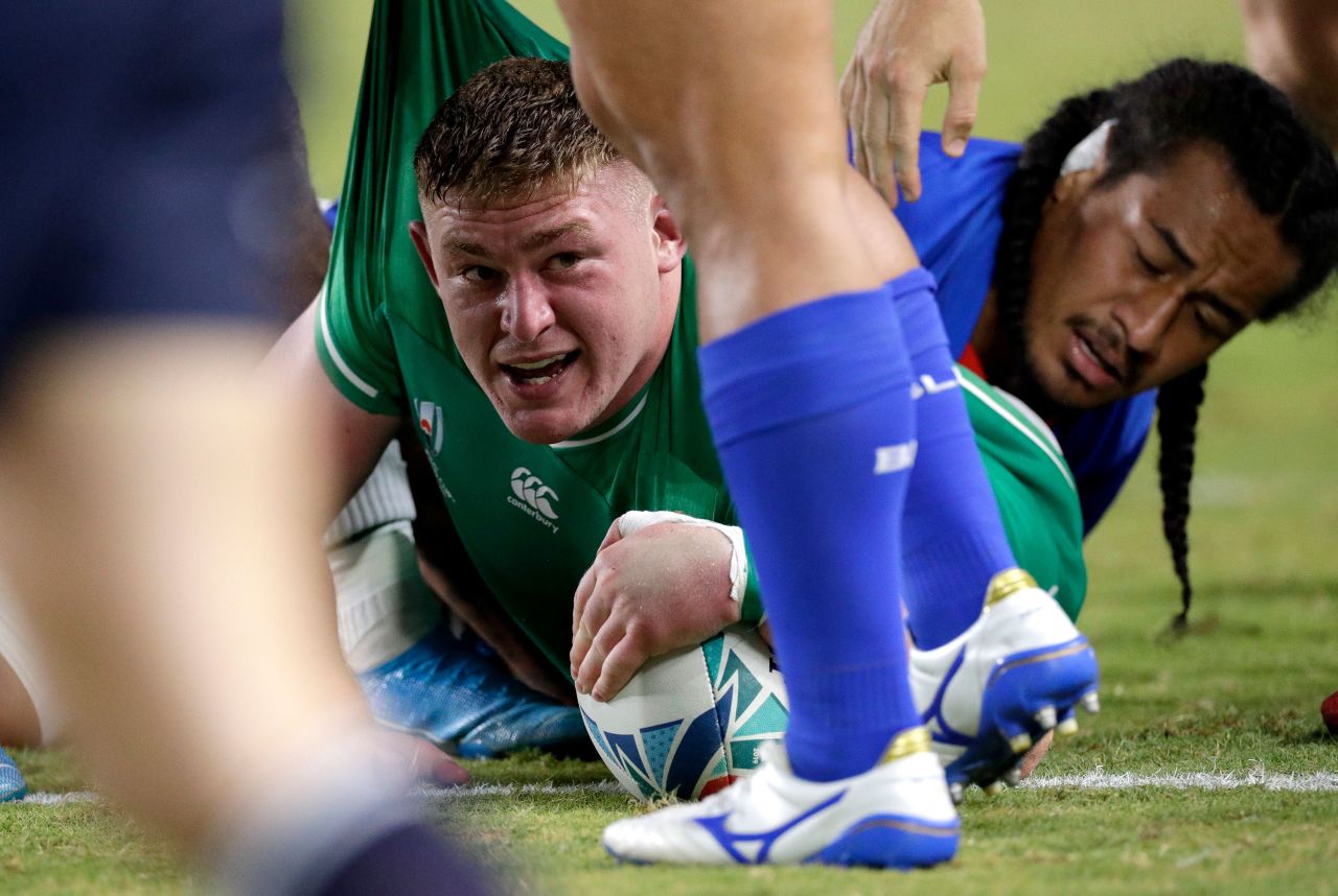 Ireland's Tadhg Furlong reacts after scoring a try against Samoa. The Irish led the game 26-5 at halftime. 