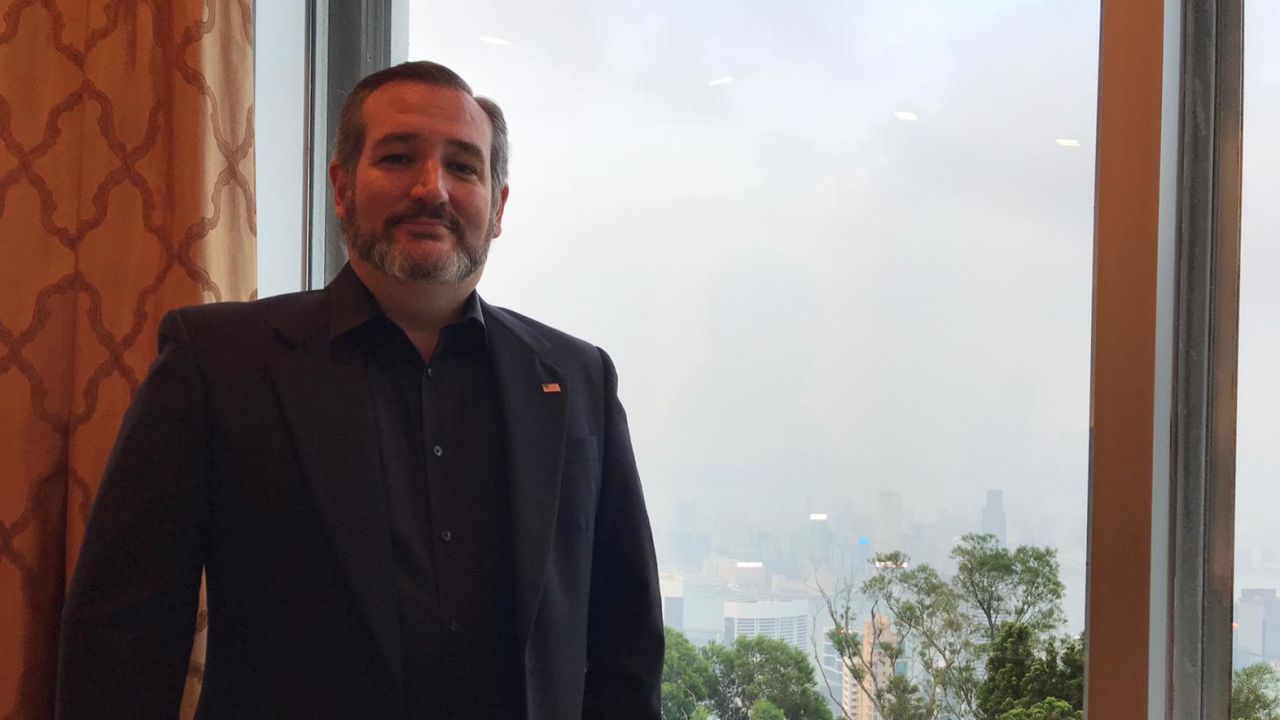 US Sen. Ted Cruz at the US consul general's residence in Hong Kong on Saturday. Cruz dressed in all black to support pro-democracy protesters.