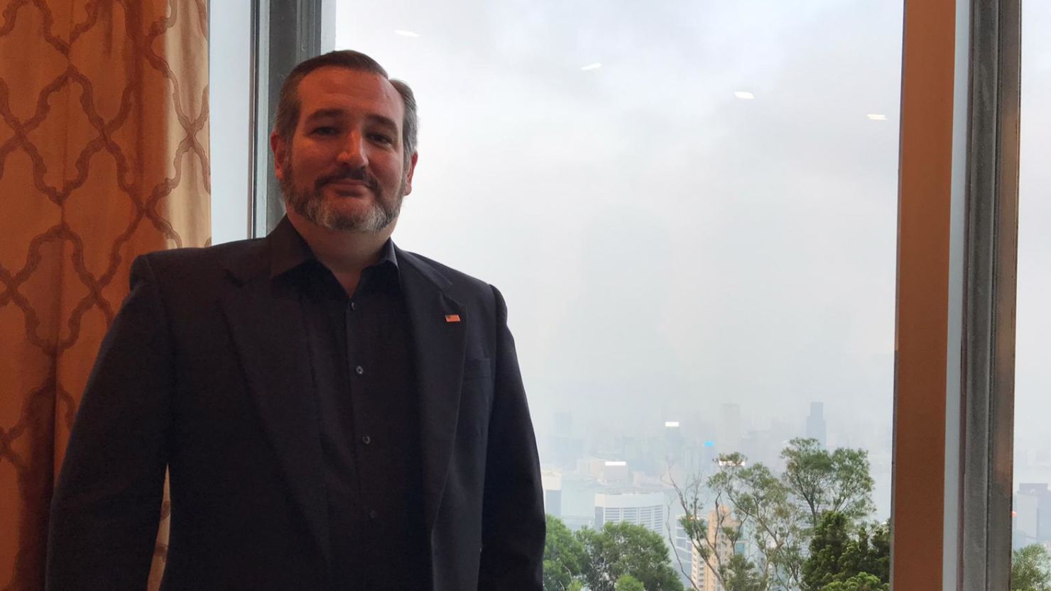 US Sen. Ted Cruz at the US consul general's residence in Hong Kong on Saturday. Cruz dressed in all black to support pro-democracy protesters.