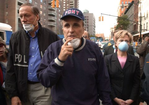 Giuliani tours the World Trade Center site with New York Gov. George Pataki and US Sen. Hillary Clinton in September 2001.