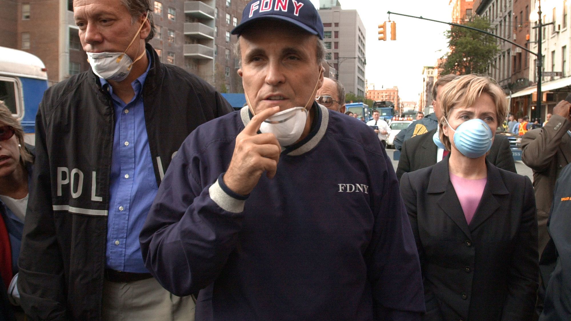 Giuliani tours the World Trade Center site with New York Gov. George Pataki and US Sen. Hillary Clinton in September 2001.