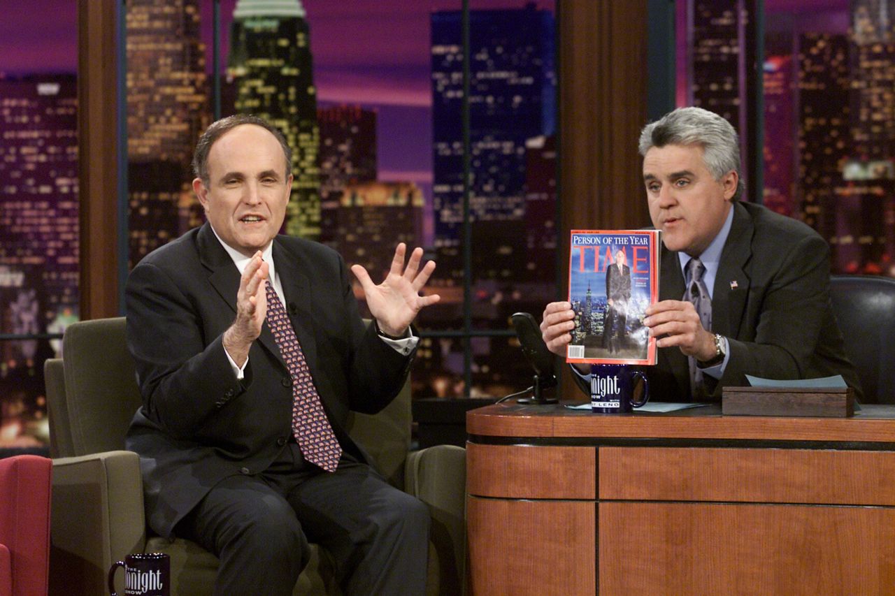 Giuliani is interviewed by talk-show host Jay Leno in January 2002. Leno is holding up the Time magazine that named Giuliani as Person of the Year.