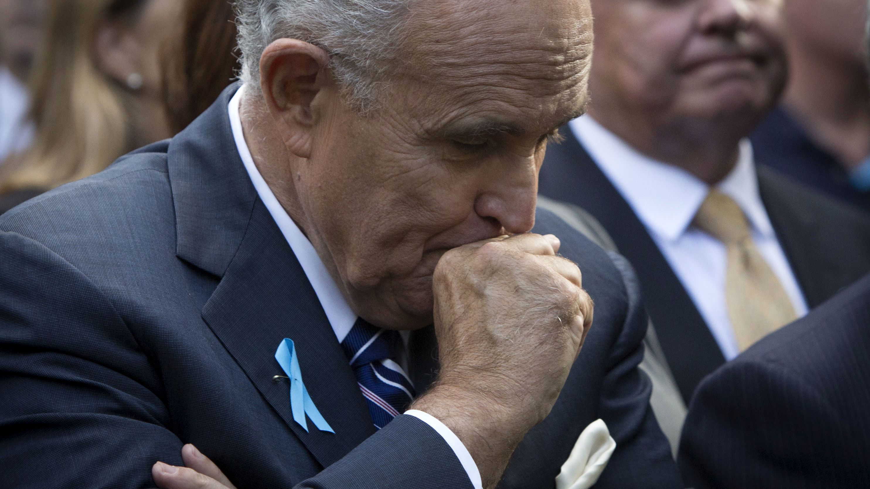 Giuliani pauses during a 2015 ceremony marking the 14th anniversary of the 9/11 attacks.