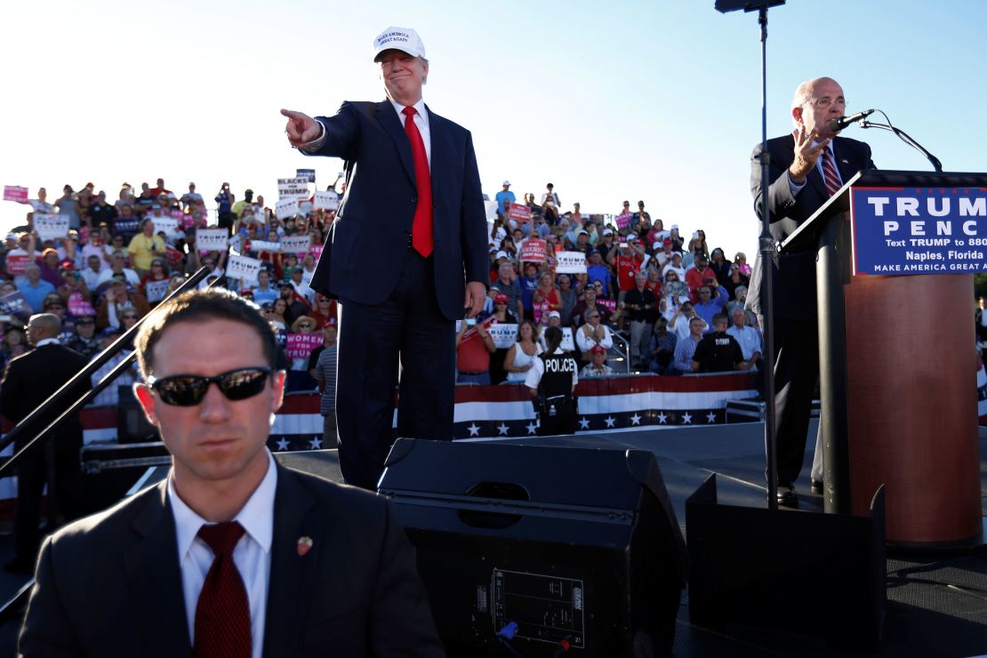 Former New York mayor Rudy Giuliani speaks about his support for then-presidential nominee Donald Trump at a campaign rally in Naples, Florida in October 2016. 