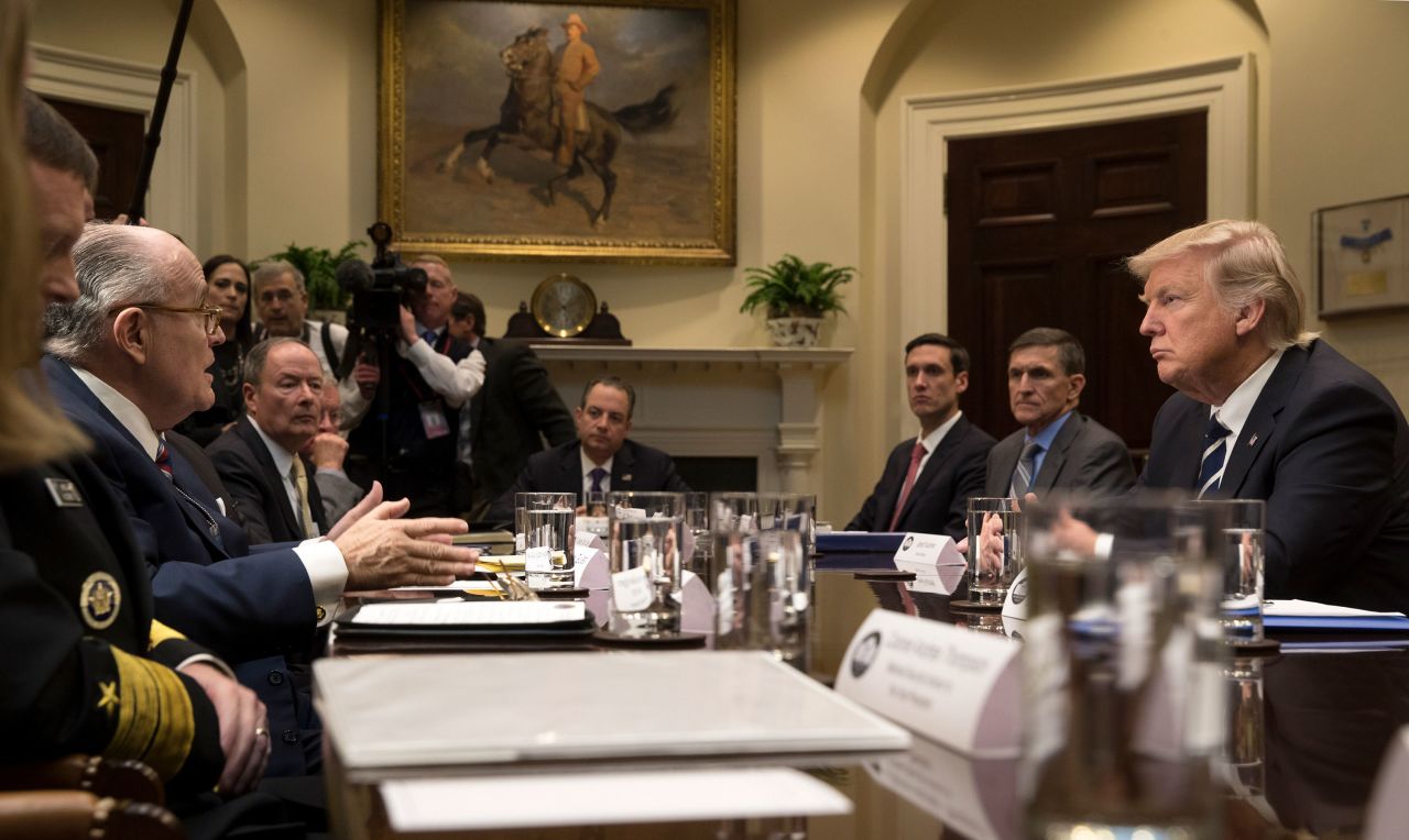 Giuliani briefs Trump about cybersecurity after Trump was inaugurated in January 2017. Giuliani joined Trump's transition team as an adviser "concerning private sector cybersecurity problems and emerging solutions developing in the private sector." In April 2018, Giuliani joined Trump's personal legal team.