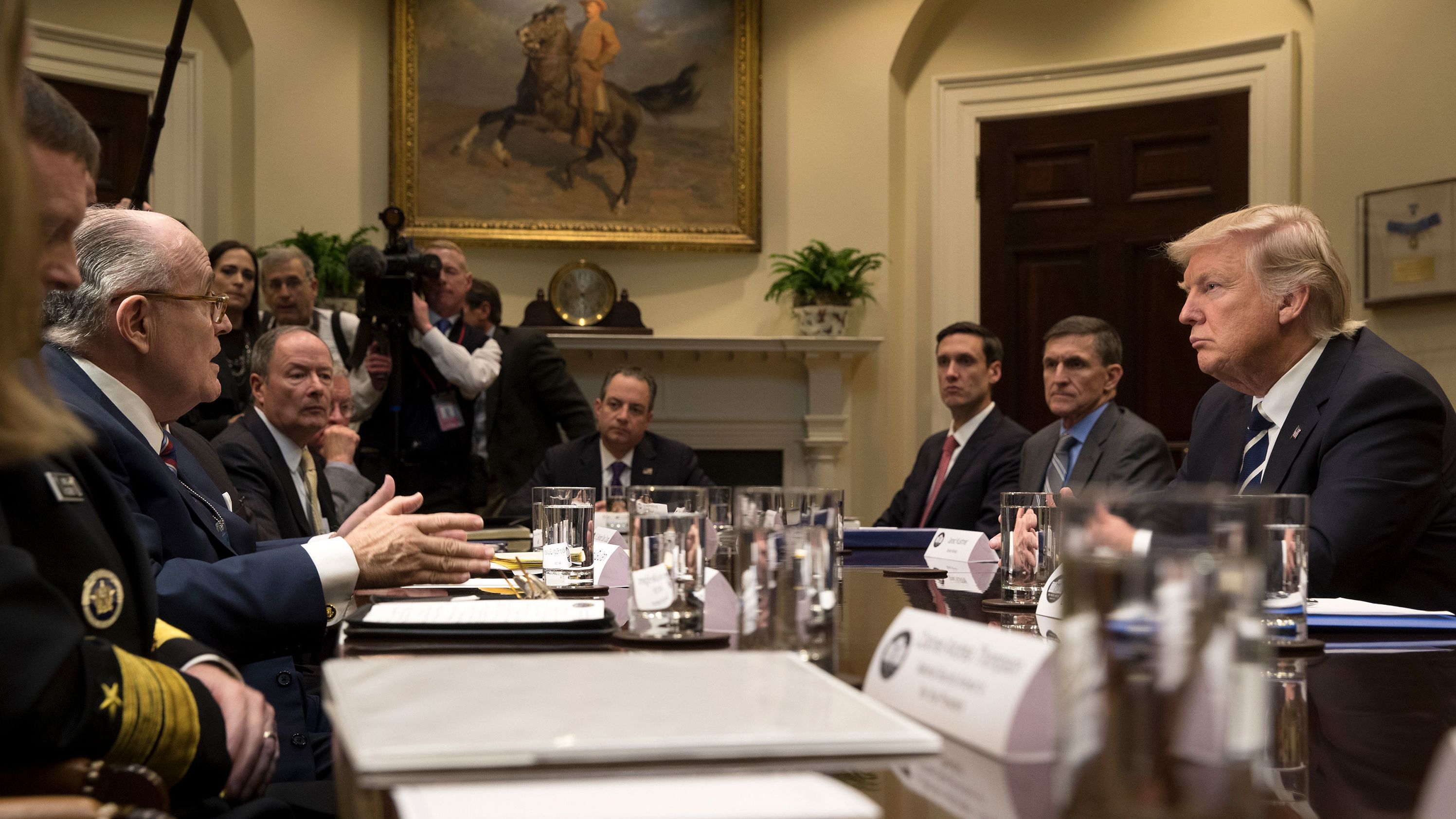 Giuliani briefs Trump about cybersecurity after Trump was inaugurated in January 2017. Giuliani joined Trump's transition team as an adviser "concerning private sector cybersecurity problems and emerging solutions developing in the private sector." In April 2018, Giuliani joined Trump's personal legal team.