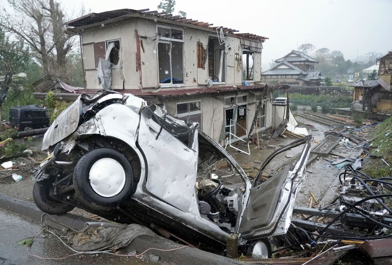 Damage from a suspected tornado is seen in Ichihara, Japan, on October 12.