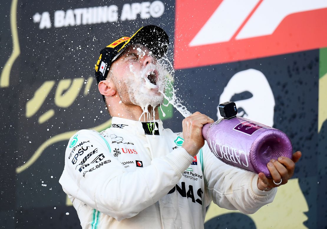 Valtteri Bottas celebrates after winning the Japanese Grand Prix. 