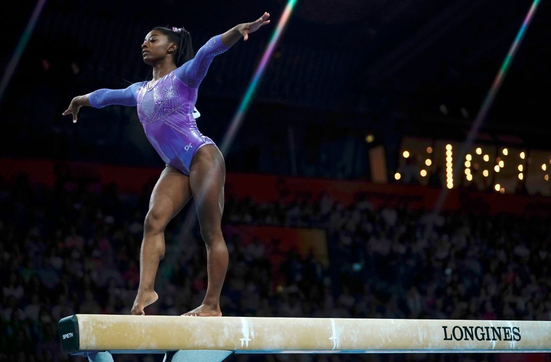 Simone Biles competes on the balance beam at the Artistic Gymnastics World Championships.
