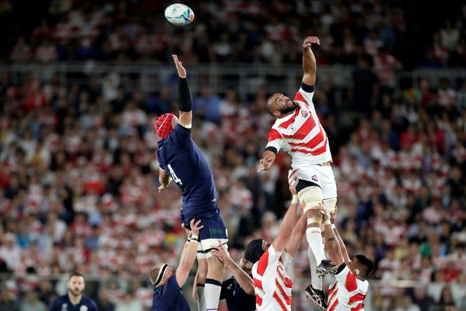 Japan's Michael Leitch misses the lineout ball. Japan will face South Africa in the semi-finals.