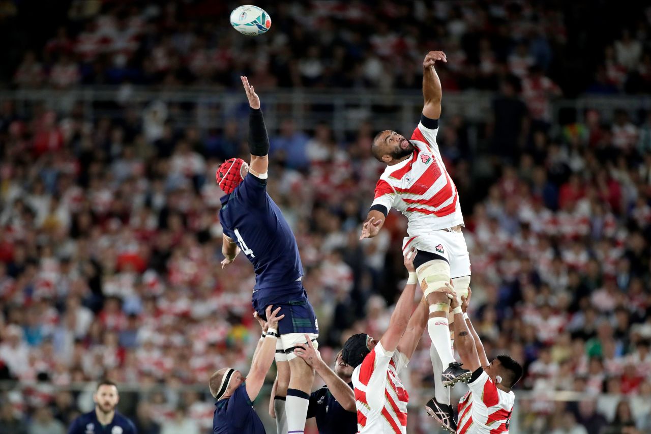 Japan's Michael Leitch misses the lineout ball. Japan will face South Africa in the semi-finals.