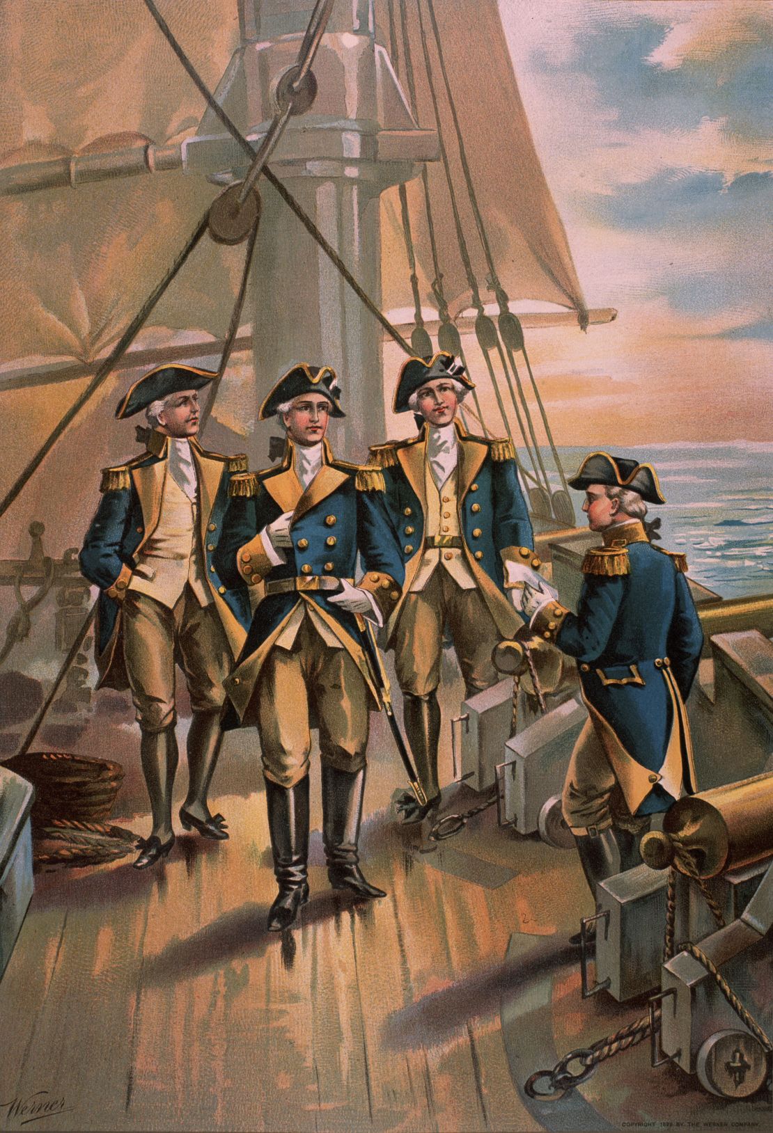 A color illustration published in 1899 depicts the commander in chief of the Continental Navy in 1776, Commodore Esek Hopkins, with his officers.