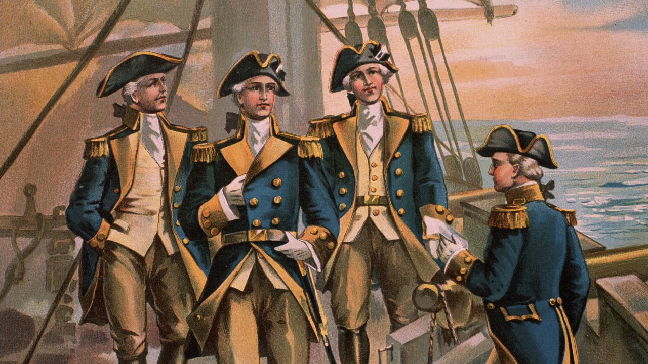 A color illustration published in 1899 depicts the commander in chief of the Continental Navy in 1776, Commodore Esek Hopkins, with his officers.