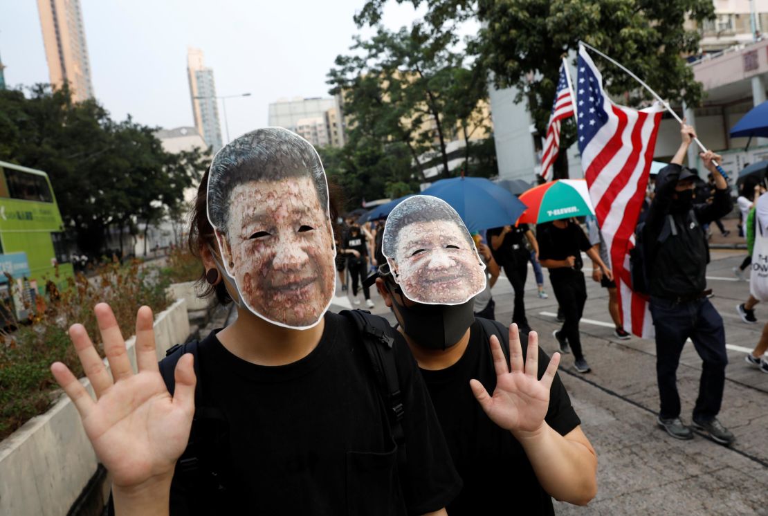 Hong Kong protesters wearing masks of Chinese President Xi Jinping this weekend. Texas Senator Ted Cruz also visited the territory and condemned China's handling of the pro-democracy movement, CNN's Brad Lendon reports. "The Chinese Communist government, I believe, is terrified of the protesters in the streets in Hong Kong," Cruz said.