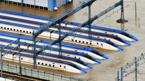In this aerial image, Hokuriku Shinkansen train depot is submerged after river banks of Chikumagawa River collapse by the rain triggered by Typhoon Hagibis on October 13, 2019 in Nagano, Japan. 