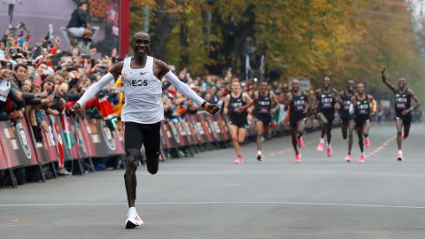 Kipchoge crosses the finish line in Vienna, Austria, to run the first ever sub-two-hour marathon.