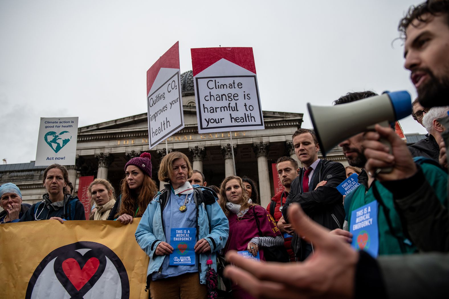 Doctors join Extinction Rebellion activists to demonstrate for the sixth day running in Trafalgar Square on October 12. 