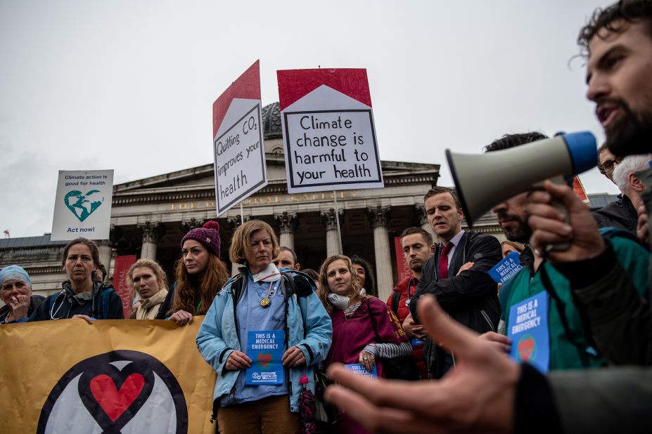 Doctors join Extinction Rebellion activists to demonstrate for the sixth day running in Trafalgar Square on October 12. 