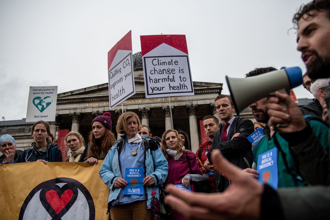 Doctors join Extinction Rebellion activists to demonstrate for the sixth day running in Trafalgar Square on October 12.