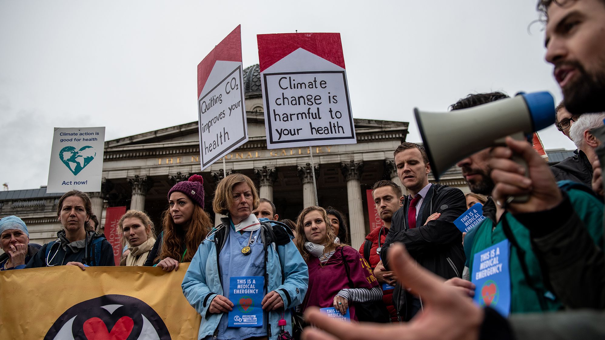 Doctors join Extinction Rebellion activists to demonstrate for the sixth day running in Trafalgar Square on October 12. 