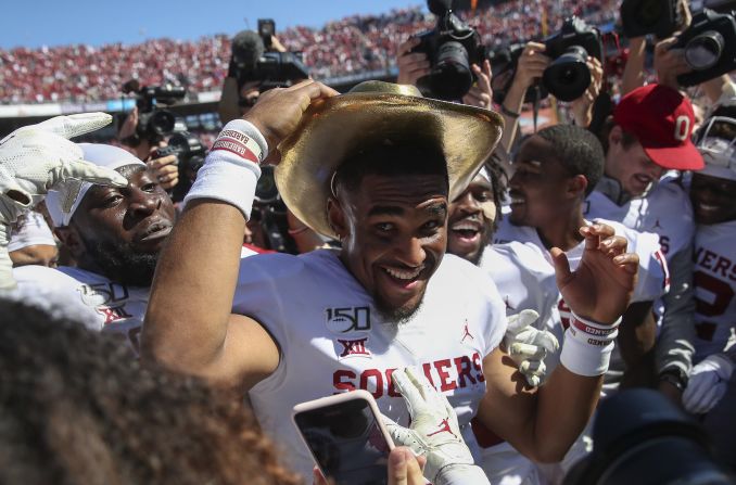 Oklahoma Sooners quarterback Jalen Hurts wears the Golden Hat after defeating the Texas Longhorns in the Red River Rivalry game at the Cotton Bowl on Saturday, October 12.