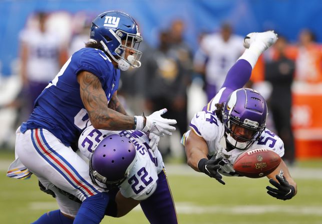 Minnesota Vikings linebacker Eric Kendricks dives for a pass intended for New York Giants tight end Evan Engram during the second half of their NFL game at MetLife Stadium on October 6.
