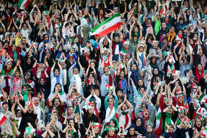 Iranian women watch a soccer match in Tehran on Thursday, October 10. <a href="index.php?page=&url=https%3A%2F%2Fwww.cnn.com%2F2019%2F10%2F10%2Ffootball%2Firan-soccer-women-cambodia-spt-intl%2Findex.html" target="_blank">A ban on women attending sports</a> in stadiums was put in place in Iran shortly after the 1979 Islamic Revolution. But following pressure from human rights groups and soccer's governing body FIFA, Iran agreed to permit women to watch Thursday's World Cup qualifier between Iran's national team and Cambodia.