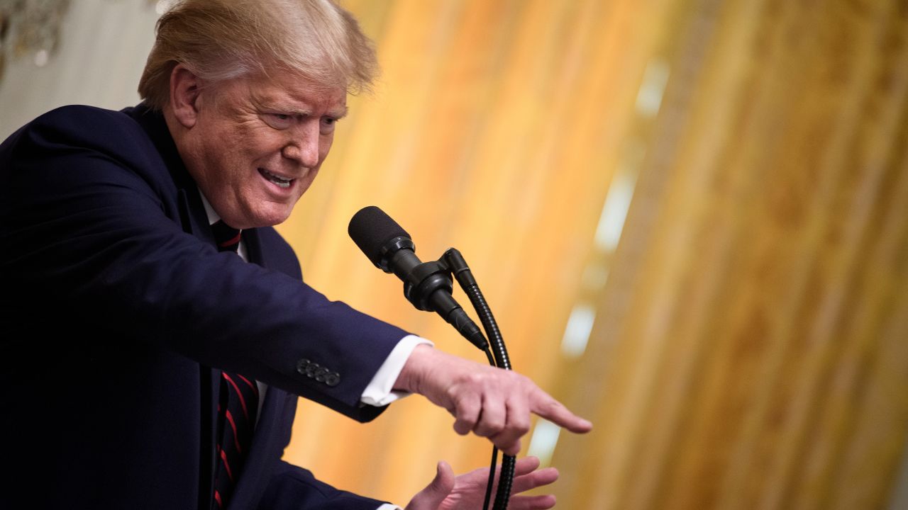 US President Donald Trump speaks during a joint press conference with Finnish President Sauli Niinisto (not shown) in the East Room of the White House in Washington, DC, on October 2, 2019. (Photo by Brendan Smialowski / AFP)