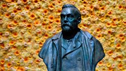 A picture taken on December 10, 2018 shows a bust of the Nobel Prize founder, Alfred Nobel displayed at the Concert Hall in Stockholm, Sweden, before the Nobel Prize Award ceremony 2018.