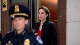 Former White House advisor on Russia, Fiona Hill, arrives on Capitol Hill in Washington, Monday, October 14, 2019, as she is scheduled to testify before congressional lawmakers as part of the House impeachment inquiry into President Donald Trump.