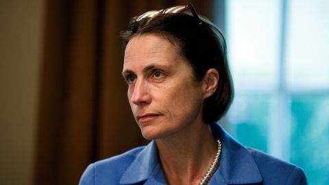 Fiona Hill, senior director for European and Russian Affairs on the National Security Council, listens as President Donald Trump speaks during a meeting NATO Secretary General Jens Stoltenberg in the Cabinet Room of the White House, April 2019, in Washington.