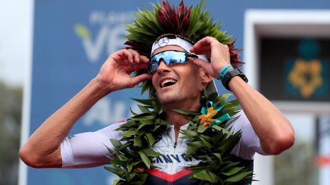 Jan Frodeno celebrates after winning the Ironman World Championships in Kailua Kona, Hawaii.