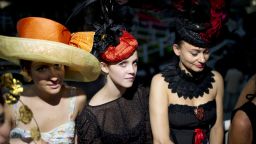 Womens wearing fashionable hats attend the 90th edition of the Qatar Prix de l'Arc de Triomphe at the Longchamp racecourse, outside Paris on October 2, 2011. AFP PHOTO FRED DUFOUR        (Photo credit should read FRED DUFOUR/AFP/Getty Images)