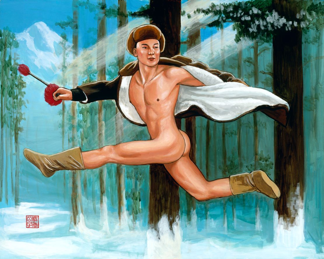 "Tiger Mountain" by Musk Ming. His paintings combine the traditional ideal man in Communist China -- the PLA soldier -- with homosexuality, which remains a taboo subject.