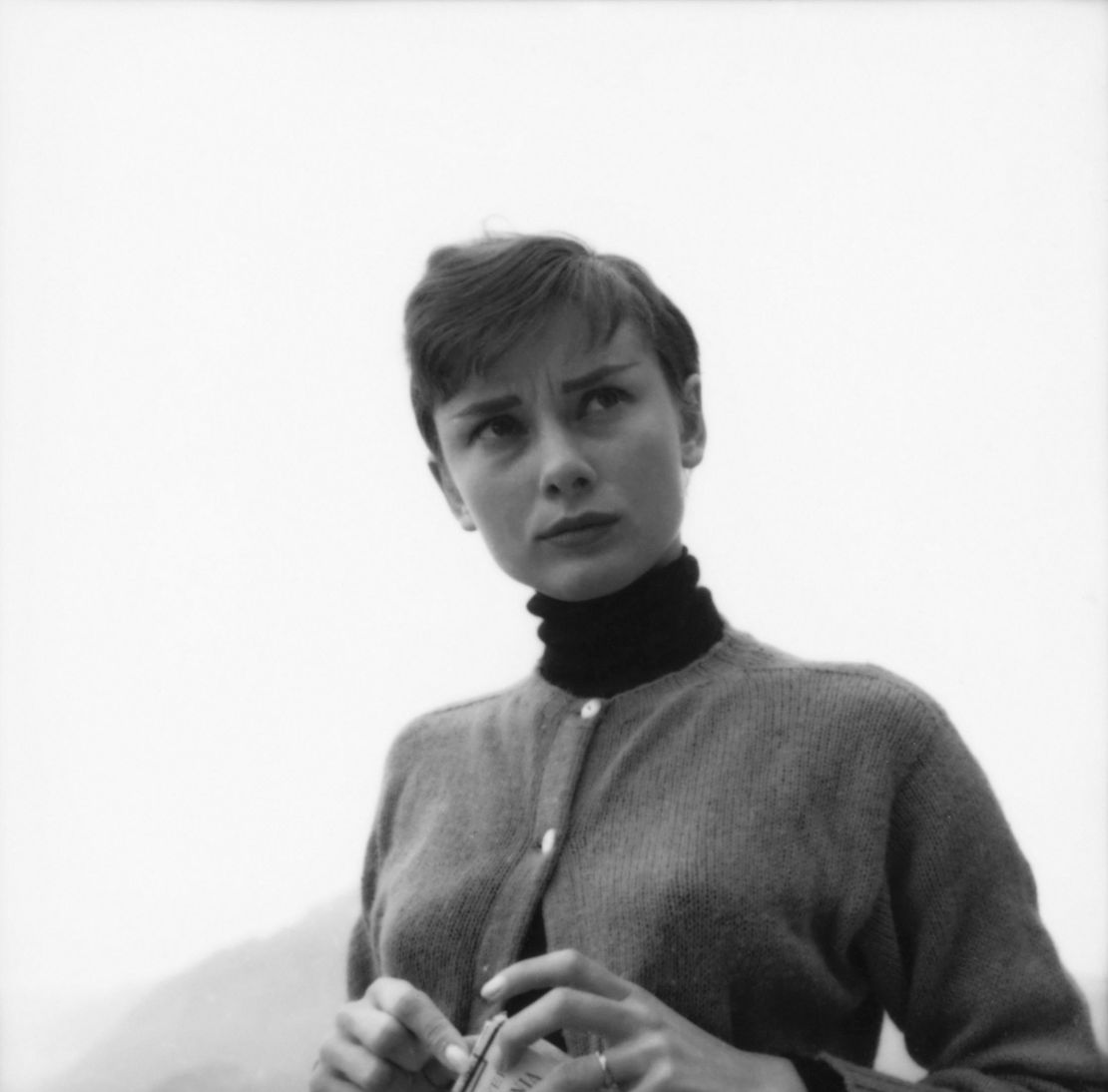 Audrey Hepburn pictured on the terrace of the Restaurant Hammetschwand at the summit of the Bürgenstock, Switzerland.
