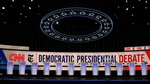 A general view of the debate stage ahead of the Democratic presidential debate co-hosted by CNN and The New York Times in Westerville, Ohio, on Monday, October 14.