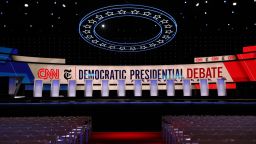 A general view of the debate stage ahead of the Democratic presidential debate co-hosted by CNN and The New York Times in Westerville, Ohio, on Monday, October 14.