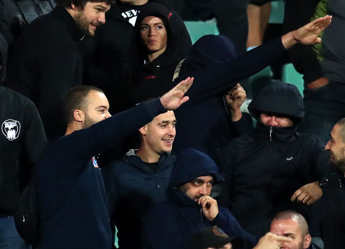 Bulgarian fans make Nazi salutes at th 2020 qualifier between Bulgaria and England on October 14, 2019 in Sofia.