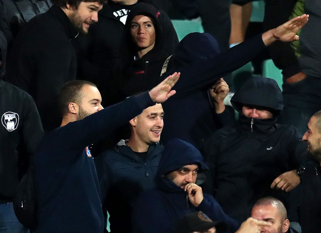 Bulgarian fans gesture during the UEFA Euro 2020 qualifier between Bulgaria and England.