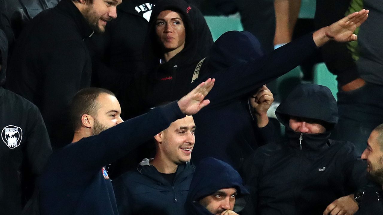 Bulgarian fans gesture during the UEFA Euro 2020 qualifier between Bulgaria and England.