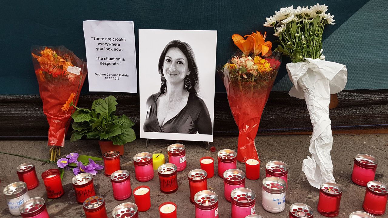 A memorial to journalist Daphne Caruana Galizia, who was killed in a car bombing near her home in 2017.